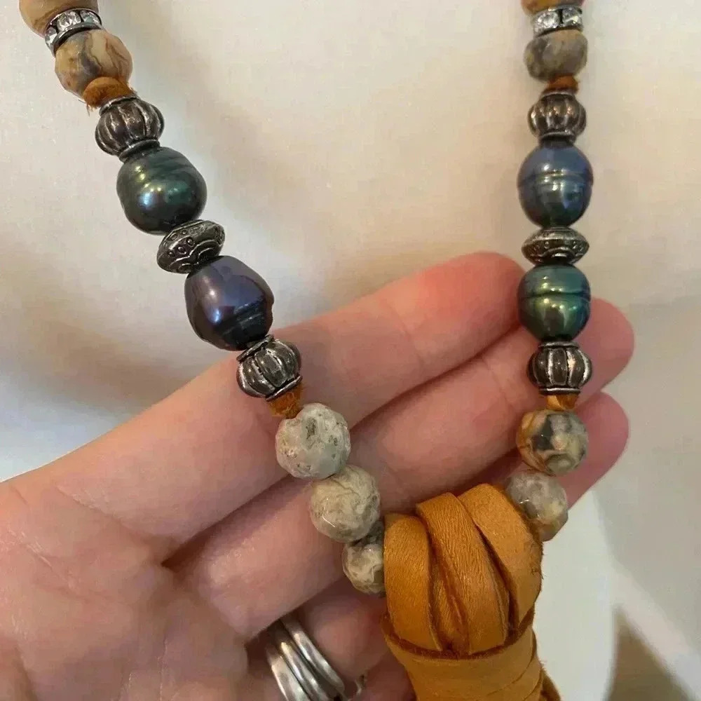 High End Statement Long Necklace Southwestern Lea… - image 4